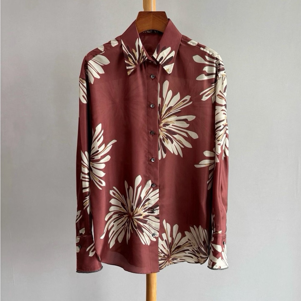 Loro piana Floral Button-Up Shirt in Burgundy and Cream
